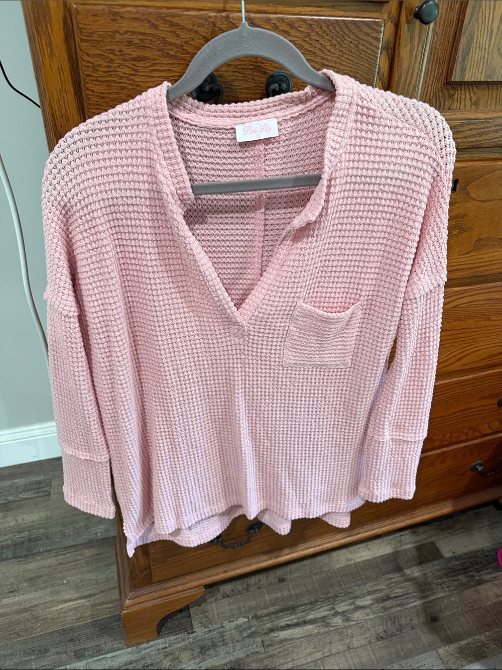 Pink Lily Dusty Rose V-Neck Waffle Knit Pocket Top
